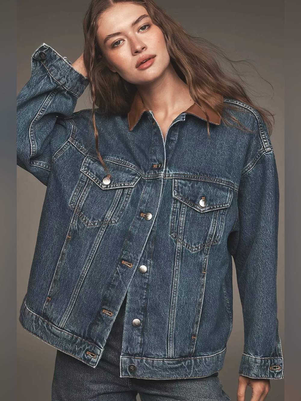 NWOT Pilcro Weston Leather Collar Denim Boyfriend Jacket, Size M - Picture 4 of 14